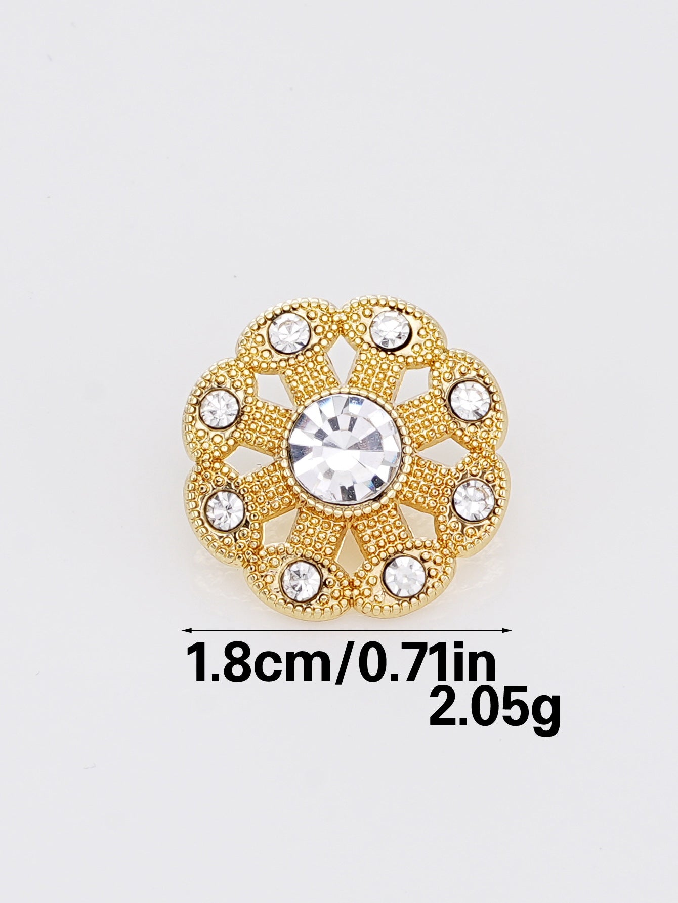 Rhinestone shank button, gold-tone with round center crystal and halo stones