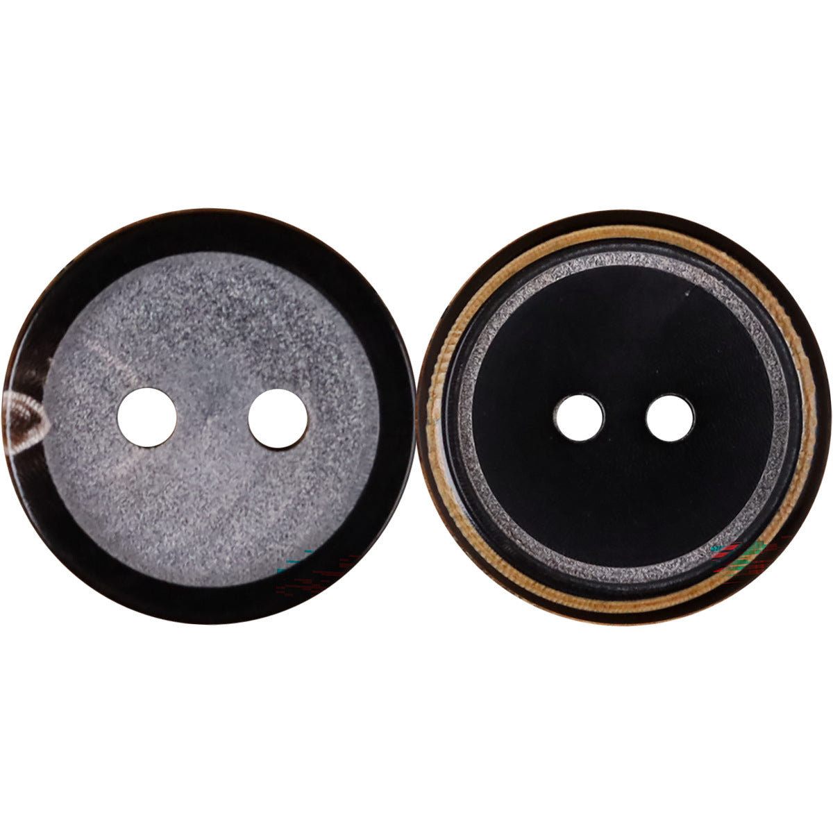 Two-hole round button with black face, gray reverse, and burnt rim