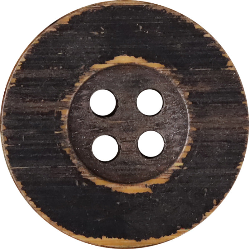 Round black distressed wood button with four holes, vintage style.