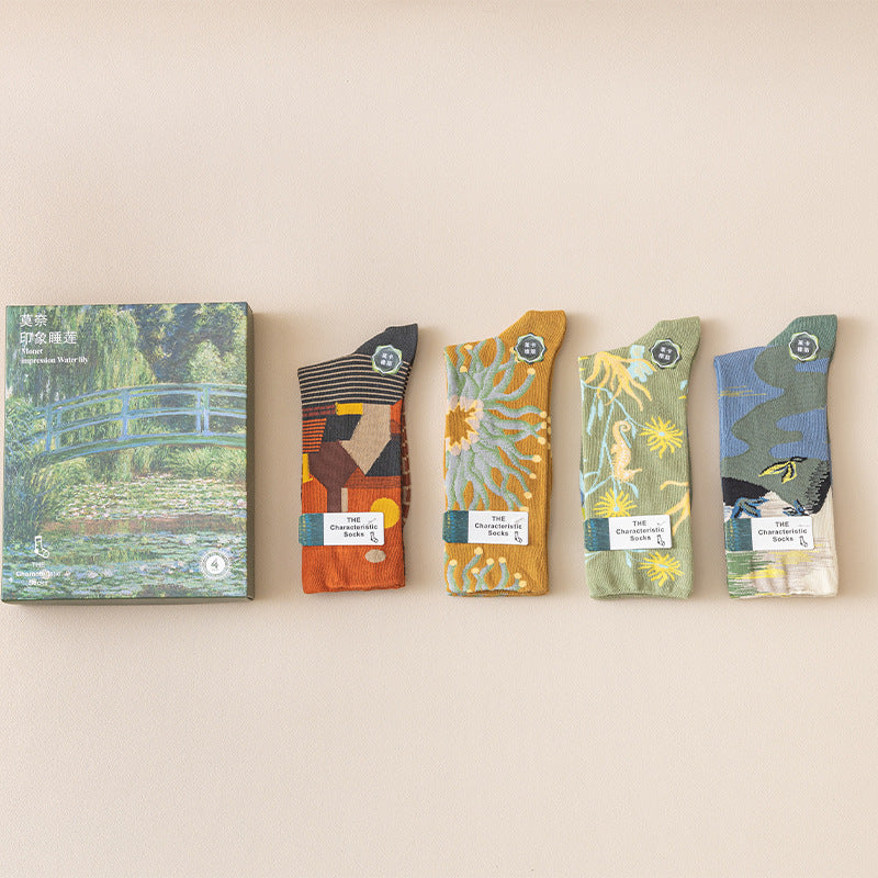 Monet Series Oil Painting Cotton Socks – 4-Pack for Women