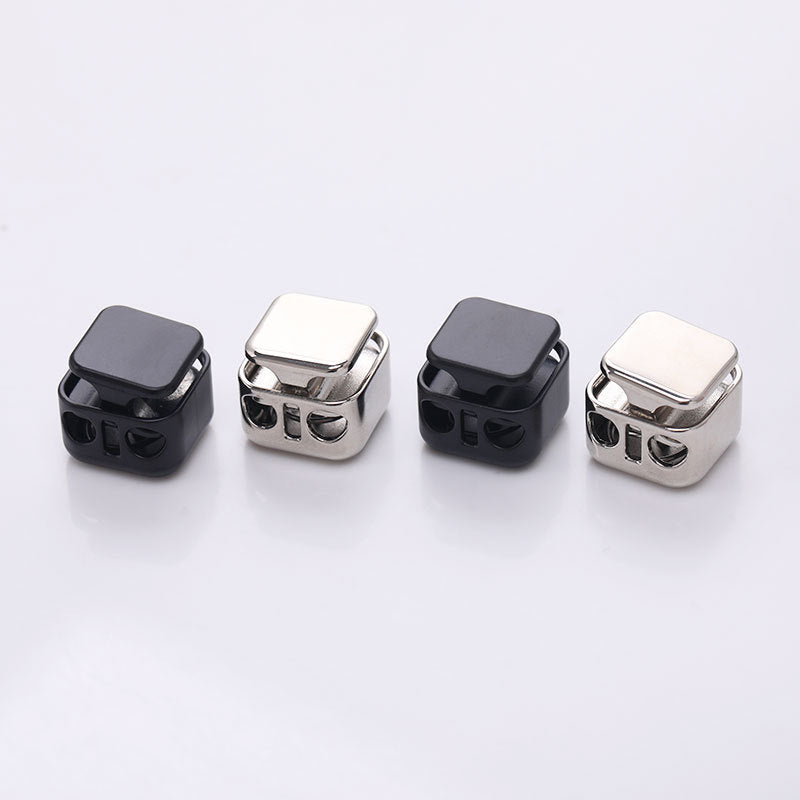 Square two-hole metal spring cord locks, black and silver assortment