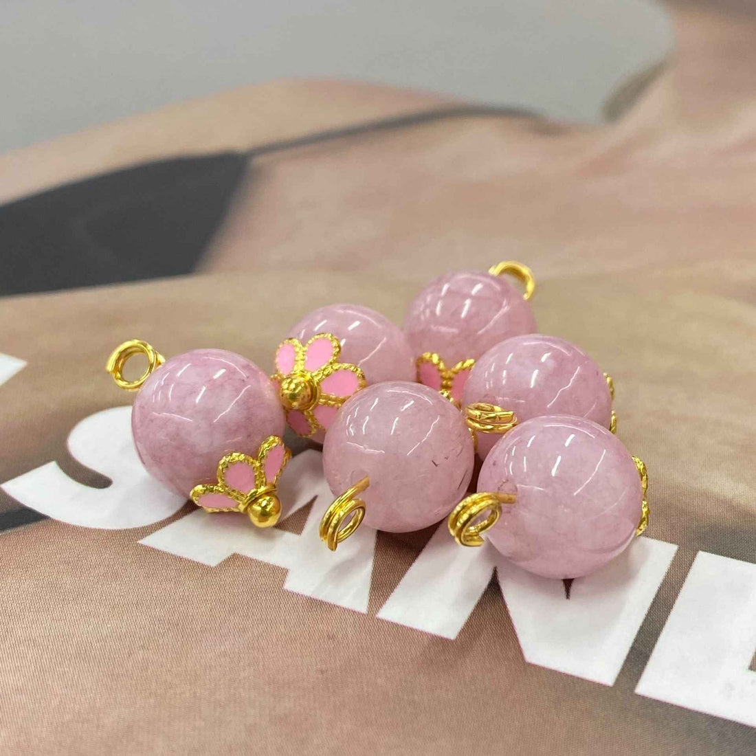 10mm Chinese Qipao Pink Jade Stone Metal Floral Base Buttons 20pcs