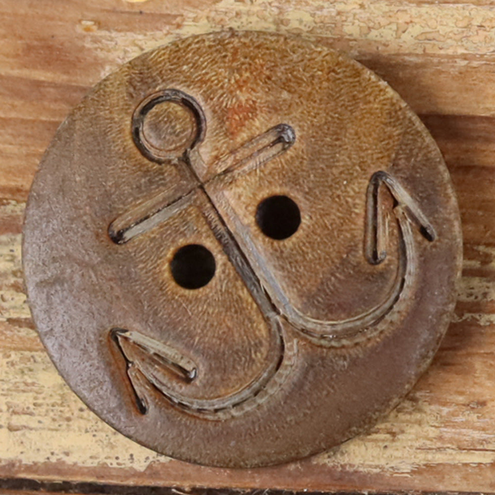 Anchor-shaped buffalo horn button, medium brown with four holes
