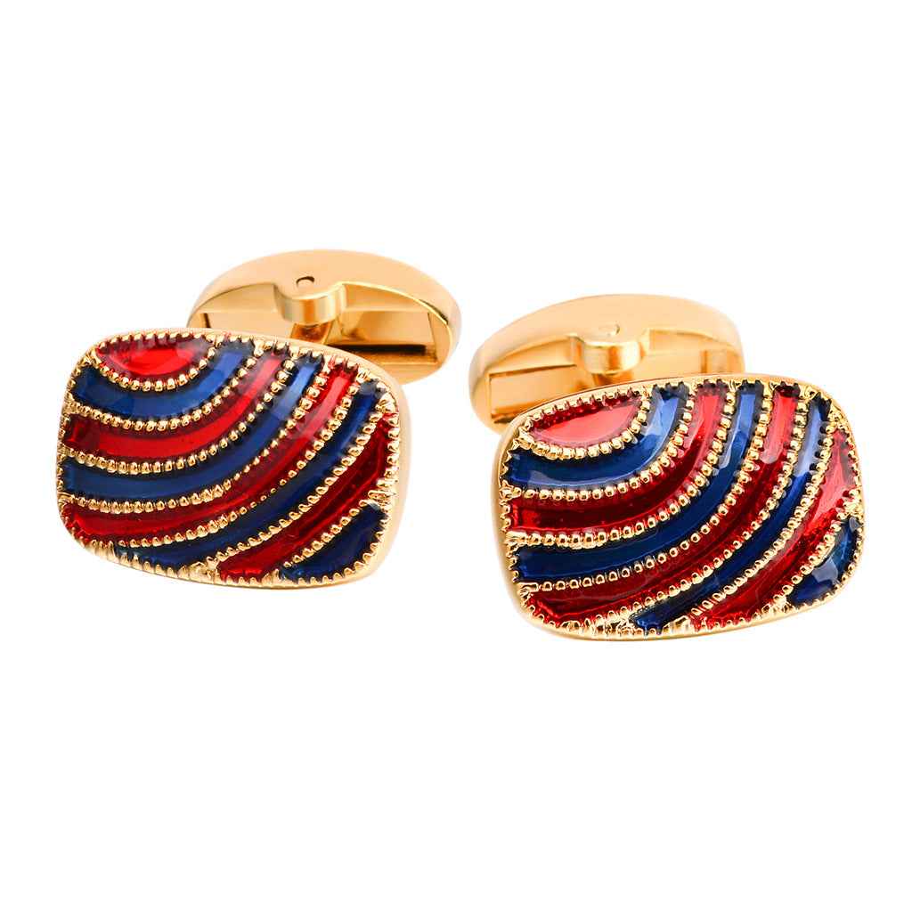 Gold Oval Cuff Links with Red & Blue Drip Stripes for Artistic Men