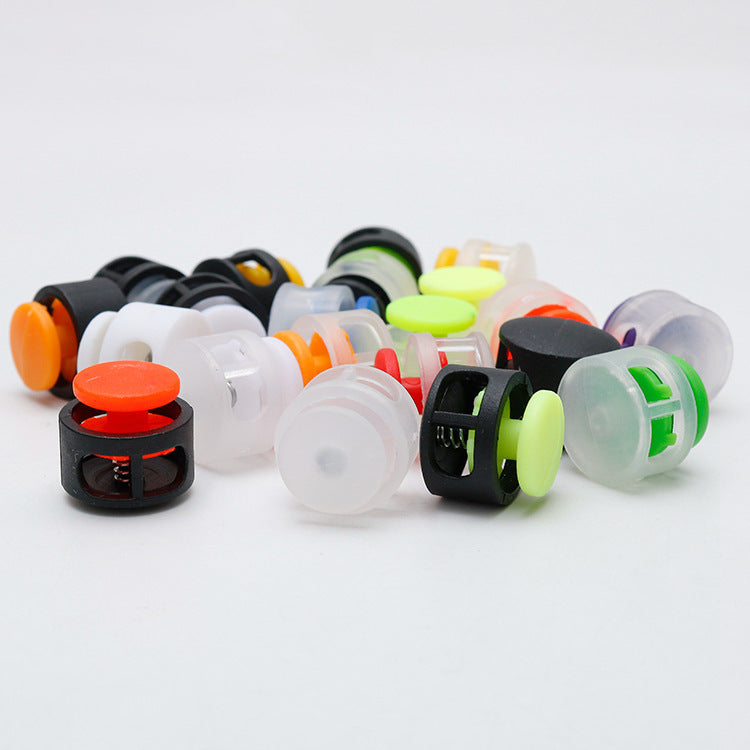 17mm plastic cord lock spring stopper toggles, mixed colors with orange and neon green caps