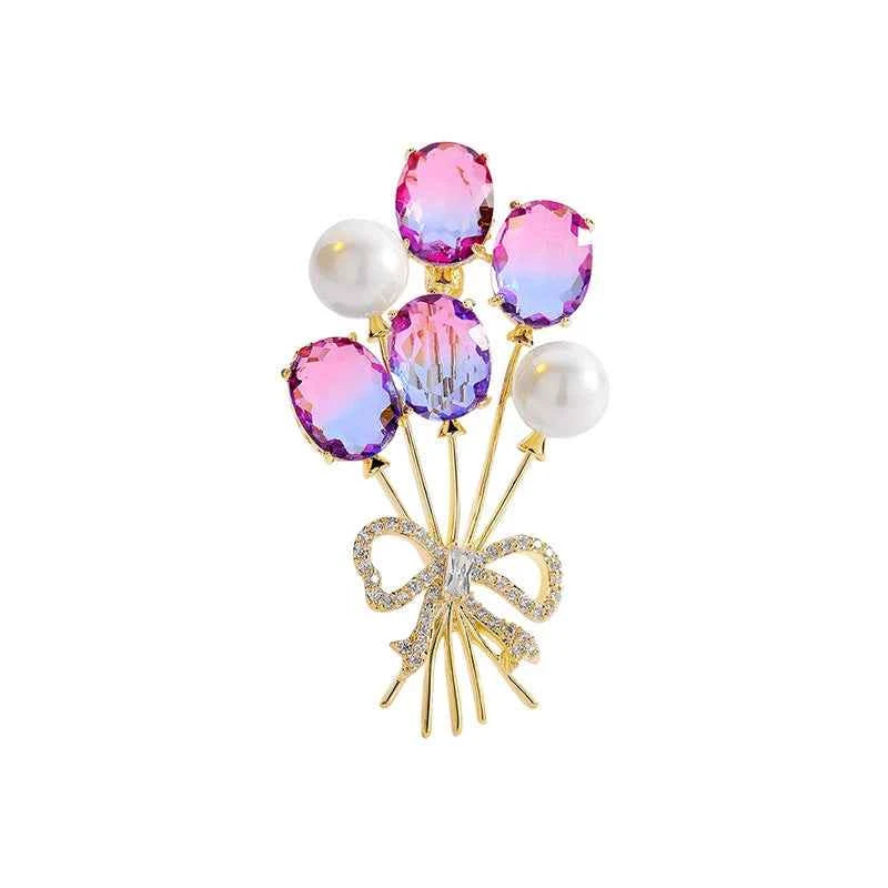 White Balloon Brooch with Colored Zircon Bow Pearl Pin