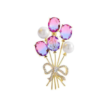 White Balloon Brooch with Colored Zircon Bow Pearl Pin