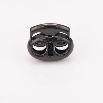 Oval pig nose two-hole metal cord lock, black finish, spring drawstring clasp