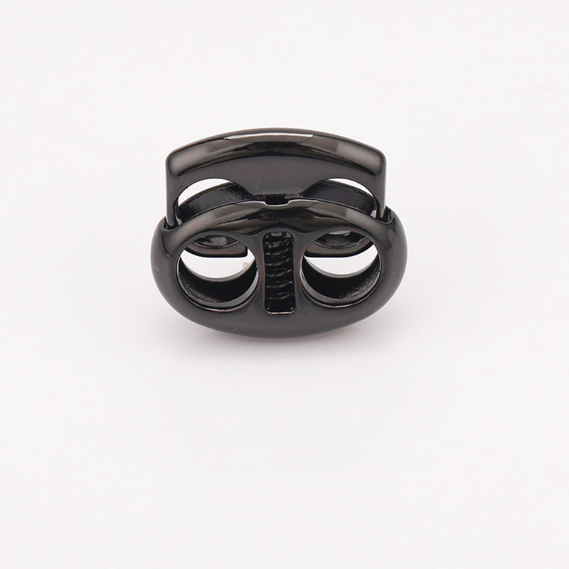 Oval pig nose two-hole metal cord lock, black finish, spring drawstring clasp