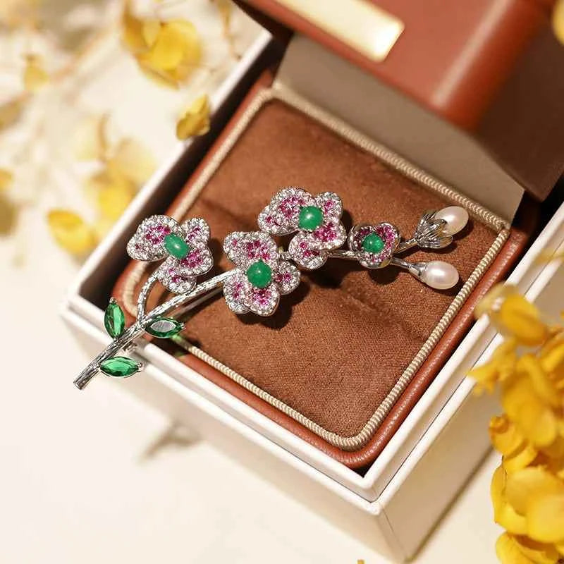 Freshwater Pearl Green Agate Plum Blossom Copper Zircon Brooch Pin