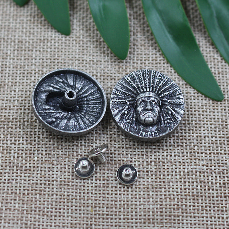 28mm Vintage Chef Amérindien Métal Stud Portefeuille Bouton 50pcs