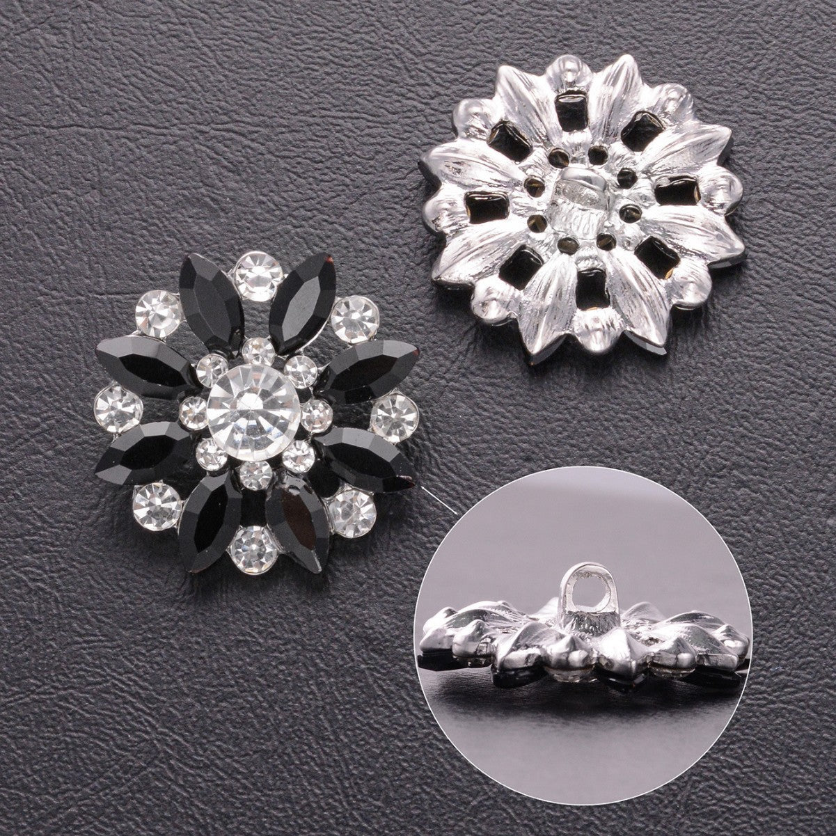 Crystal Flower Rhinestone Zinc Alloy + Glass Shank Buttons 6 Pack