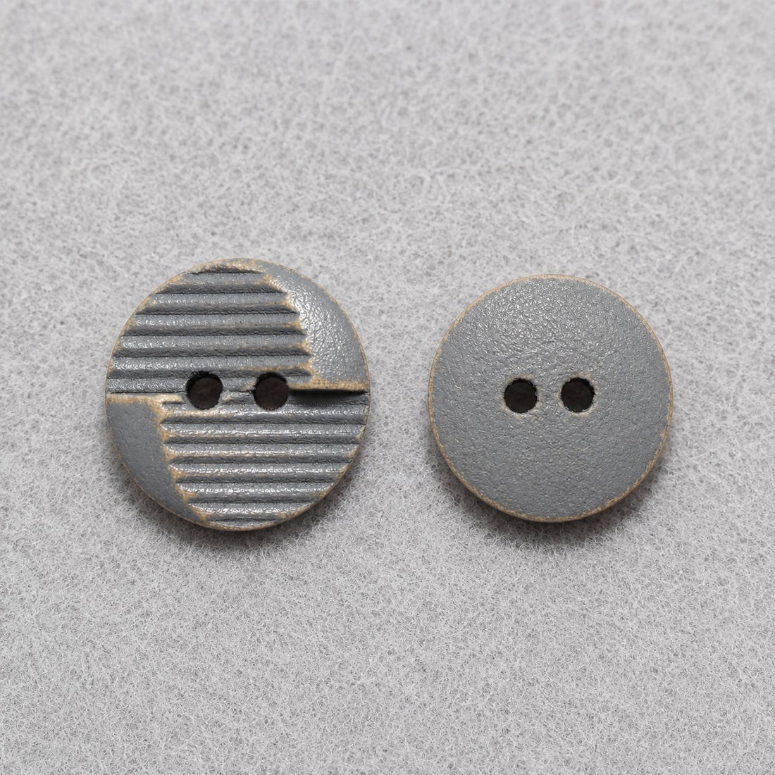 Round 2-hole distressed wood sewing buttons, light grey blue carved stripe and solid face