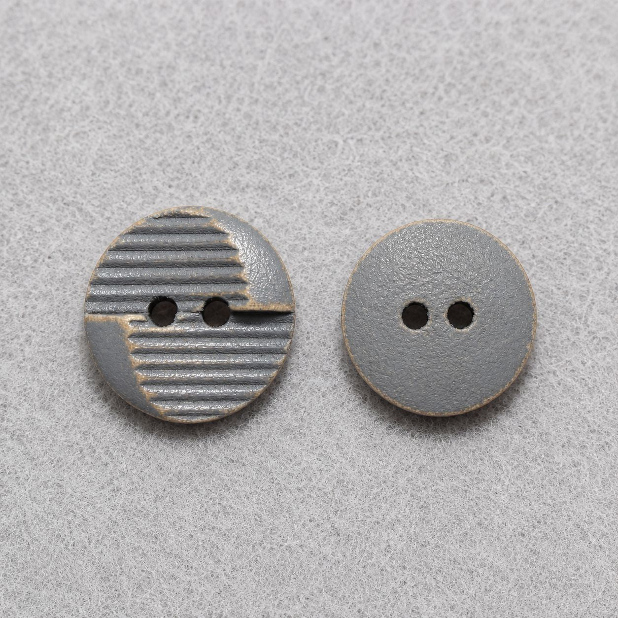 Round 2-hole distressed wood sewing buttons, light grey blue carved stripe and solid face