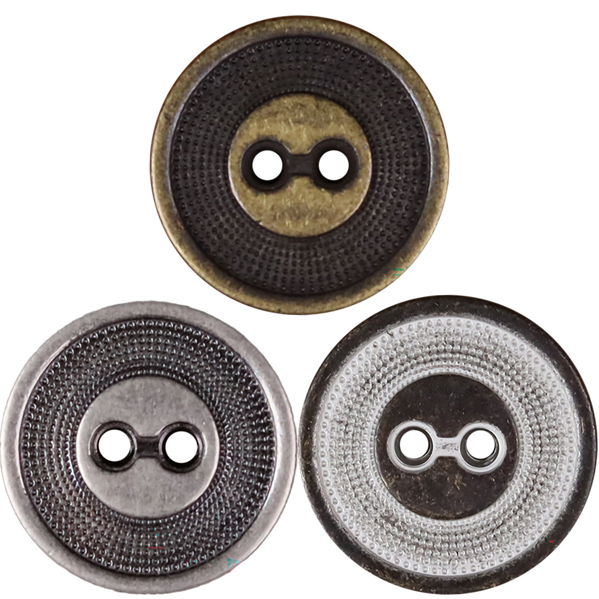 2-hole metal button with concentric circle border, dark bronze finish, round design