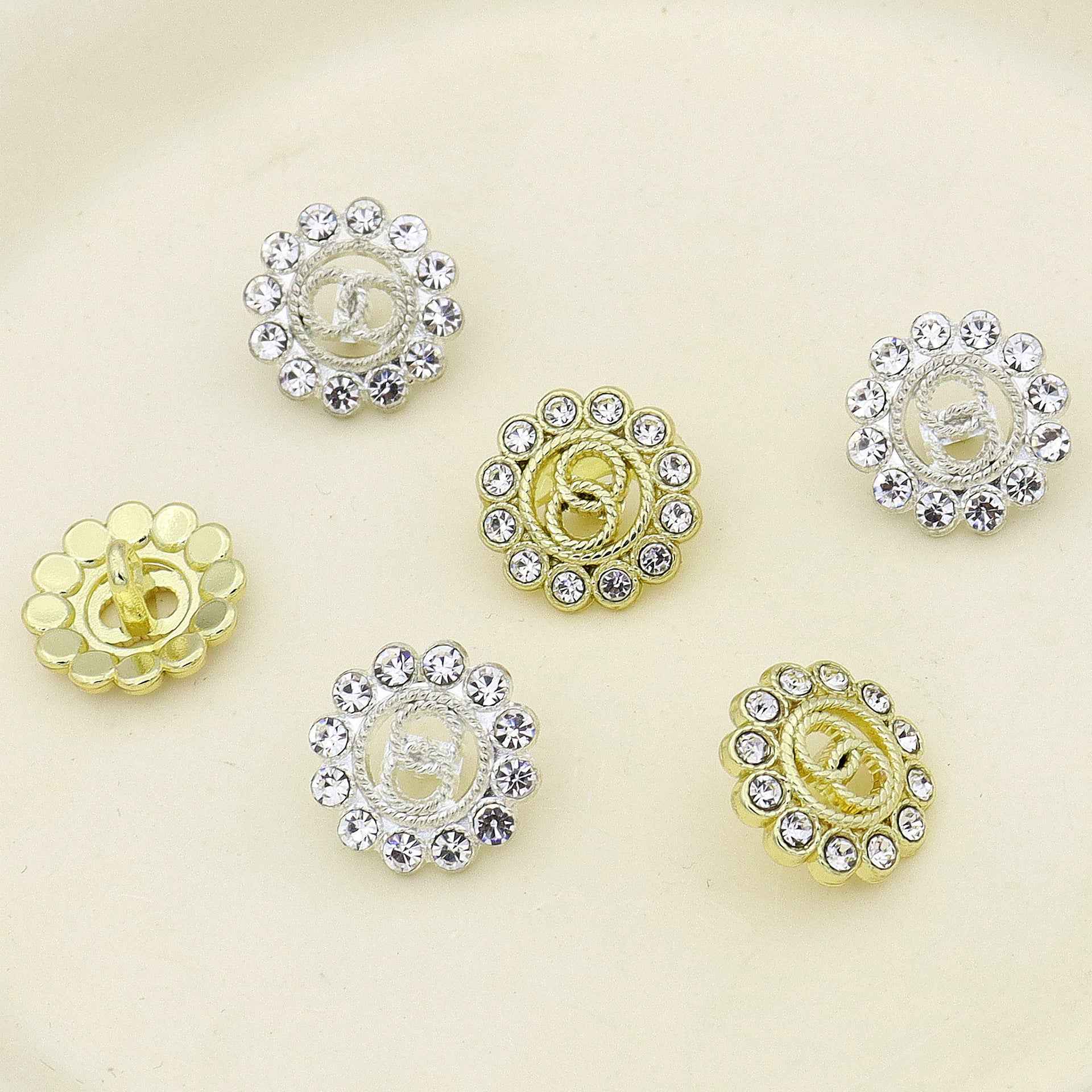 15mm Gold Silver Rhinestone Metal Buttons Hollow Double-Ring 50 Pack