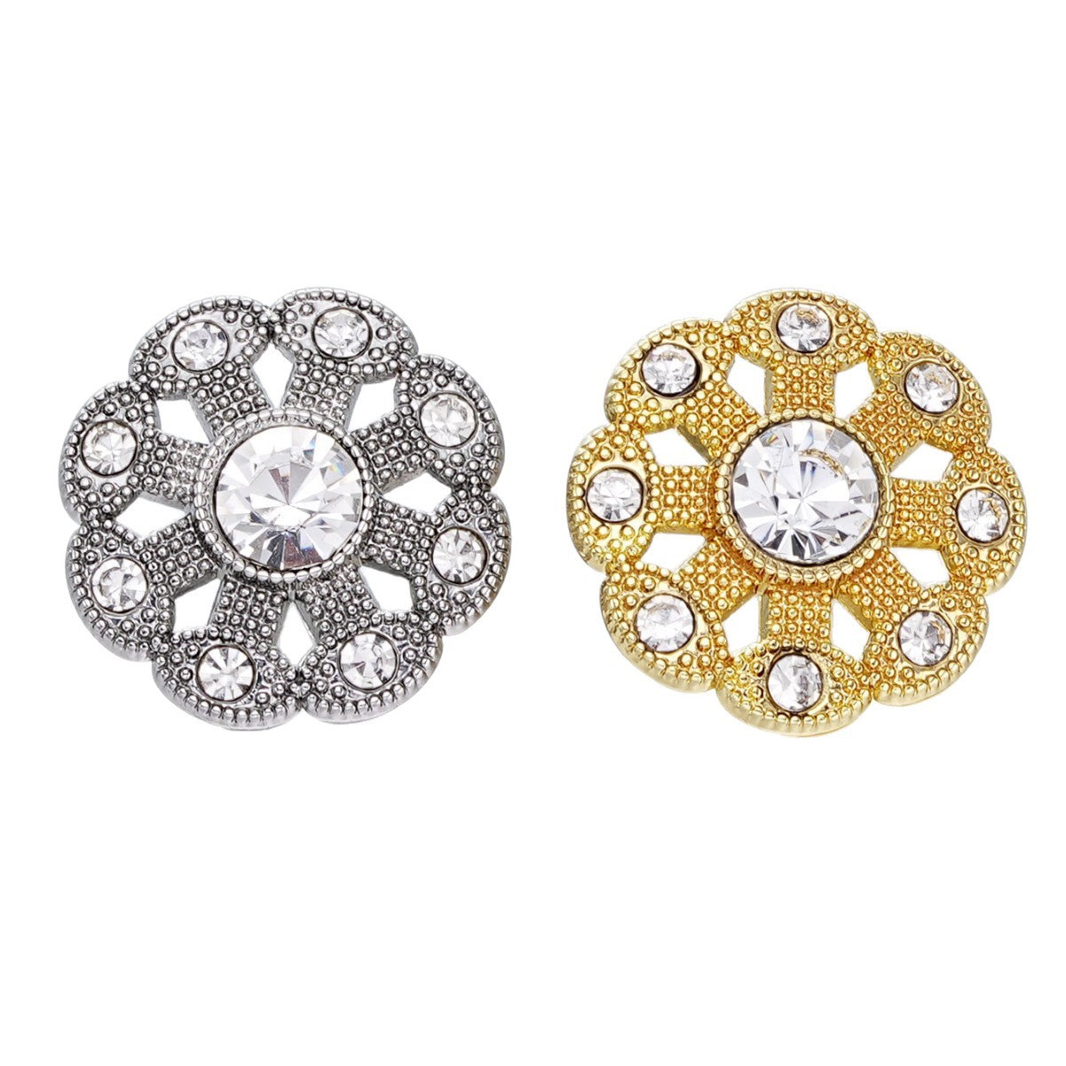 Pair of rhinestone shank buttons: silver-tone and gold-tone, each with round center crystal