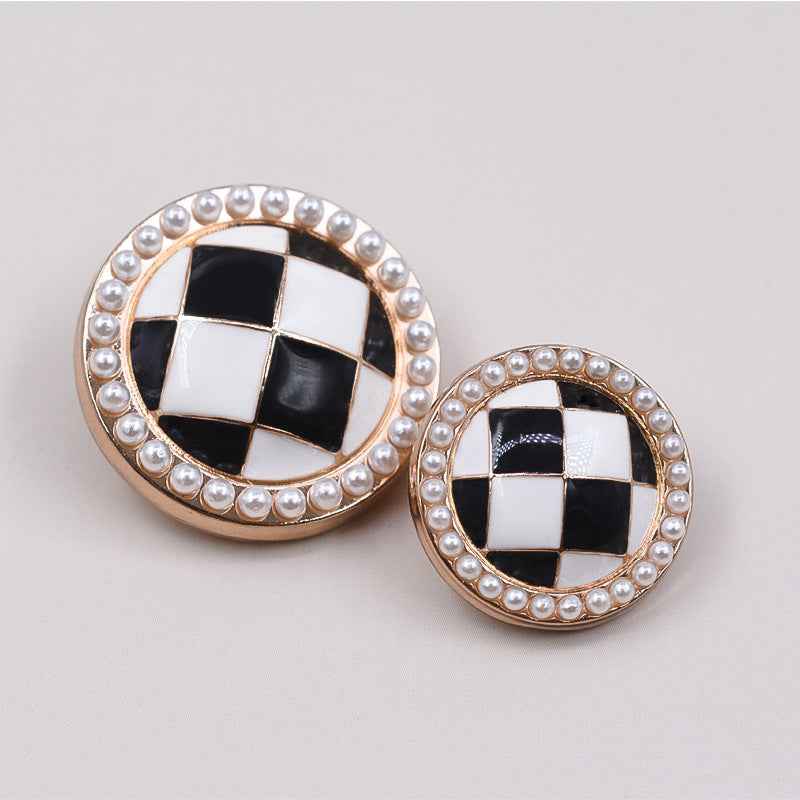 Round Black White Checkered Oil-Dripping Metal Shank Buttons 12 Pack