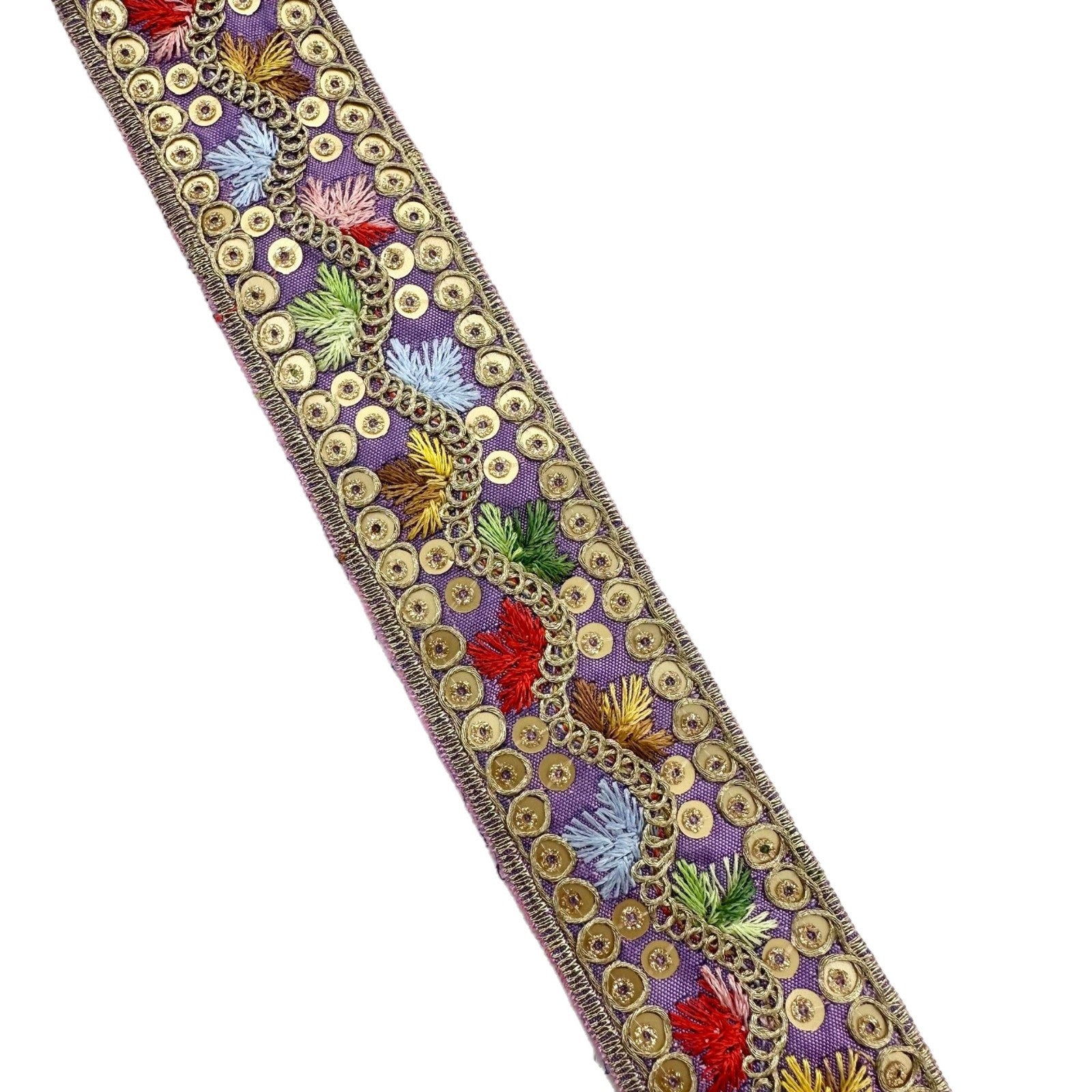 3,5 cm Breite Zierband aus Jacquard, lila mit goldener Stickerei und Blüten