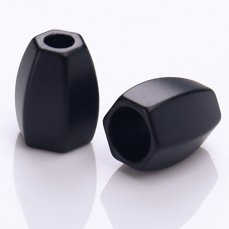 Black diamond-shape metal cord lock stopper, faceted sides, open hole, 12.5x10mm