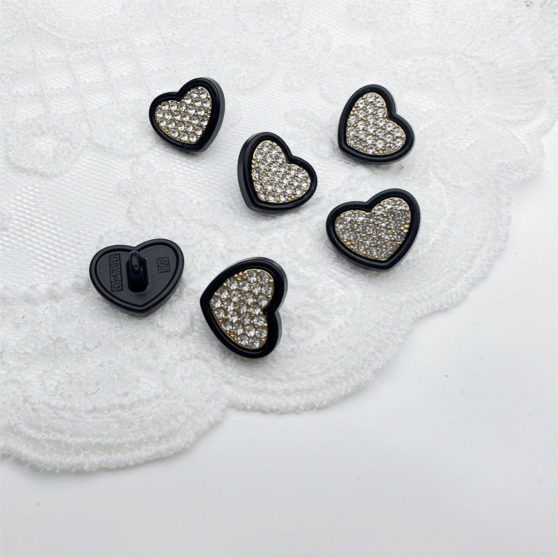 13MM Heart-Shaped Rhinestone Metal Black Trim Buttons 20pcs