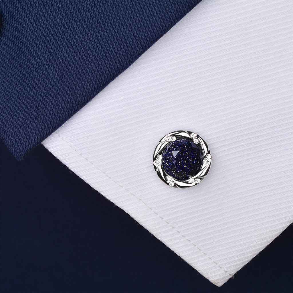 17mm Silver-Tone Luxury Cufflinks with Blue Sandstone