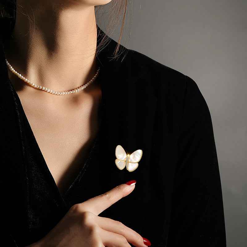 Natural Sea Shell Butterfly Copper Micro-Set Zircon Brooch Pin