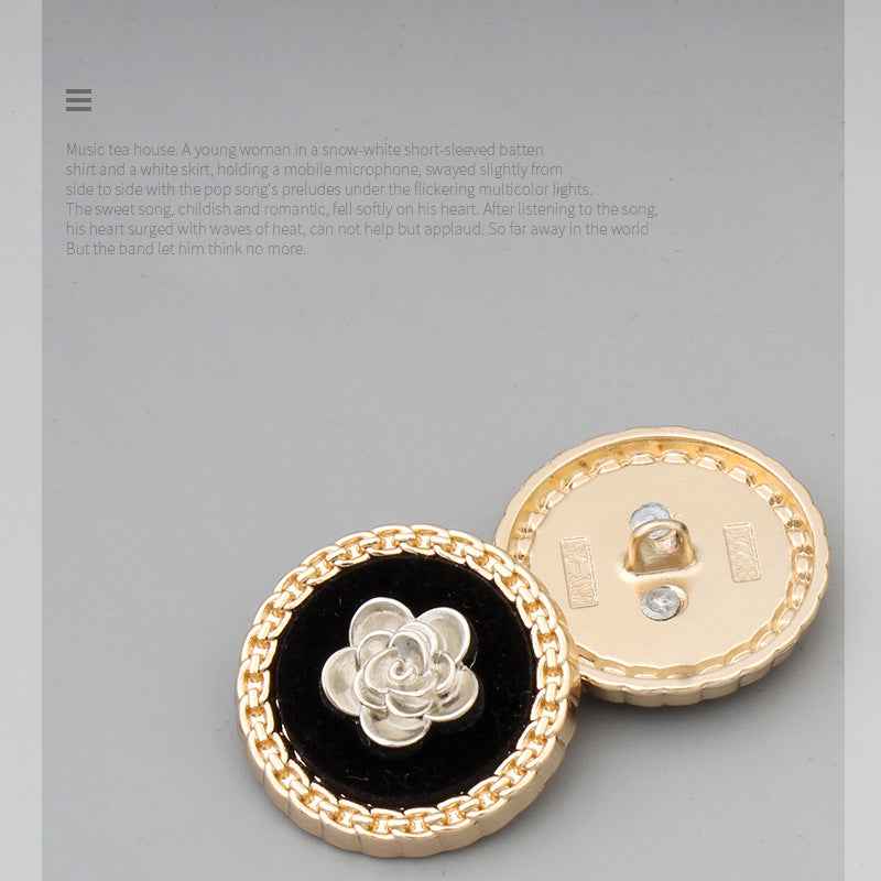 Round Black Faced Flower Decorated Gold Metal Shank Buttons 12pcs