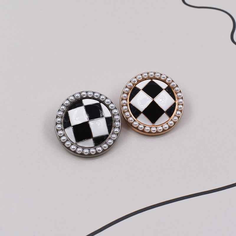 Round Black White Checkered Oil-Dripping Metal Shank Buttons 12 Pack