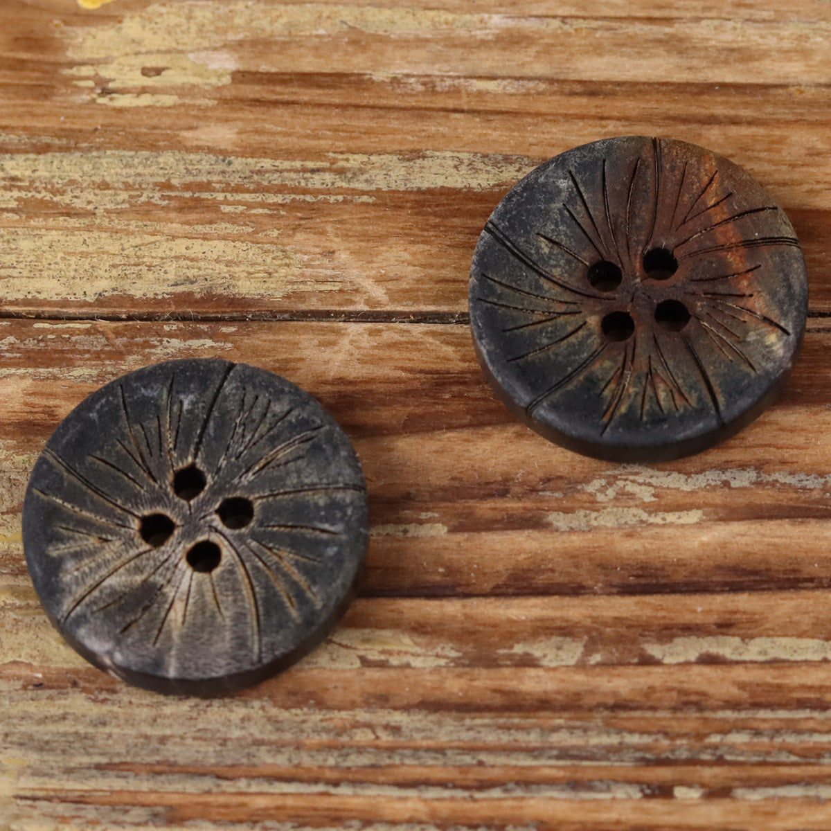 Black Charred Natural Buffalo Horn Round 4-Hole Plum Blossom Texture Buttons – Set of 20