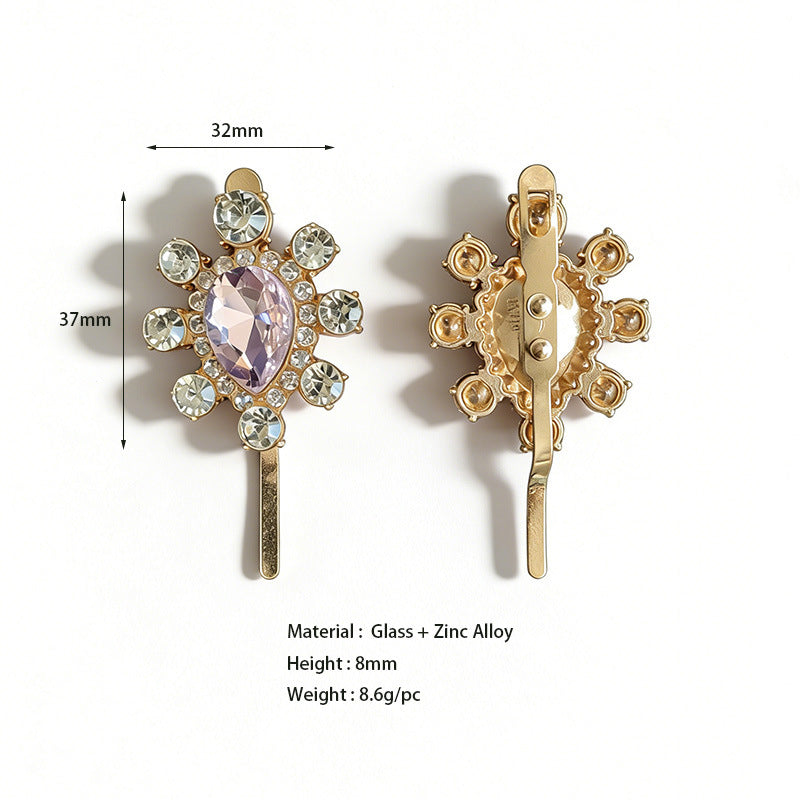 Gold-tone flower rhinestone shoe buckle clip with oval crystal center