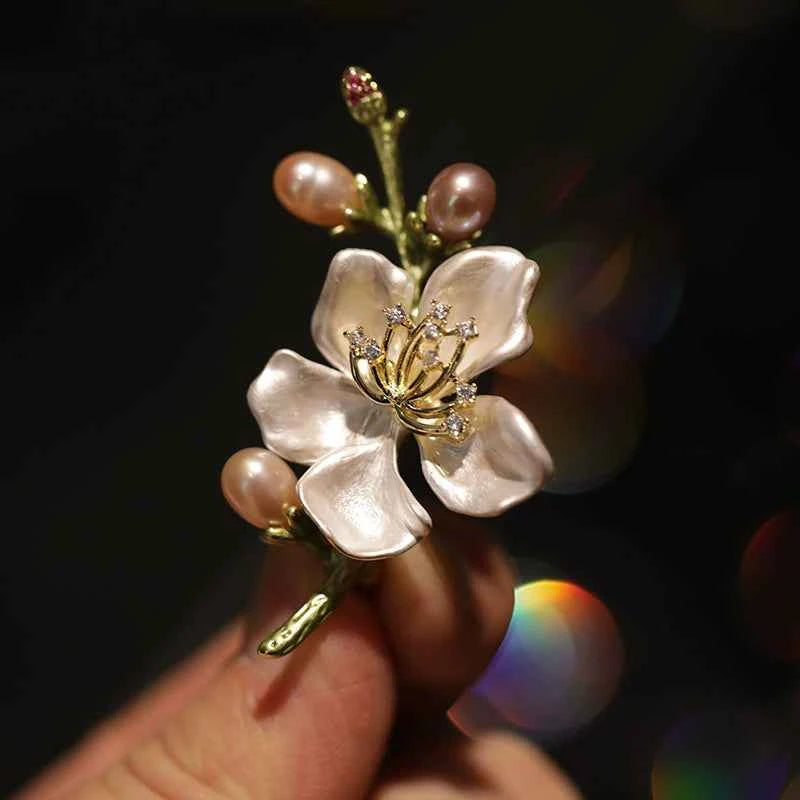 Classic Enamel Freshwater Pearl Peach Blossom Brooch Pin