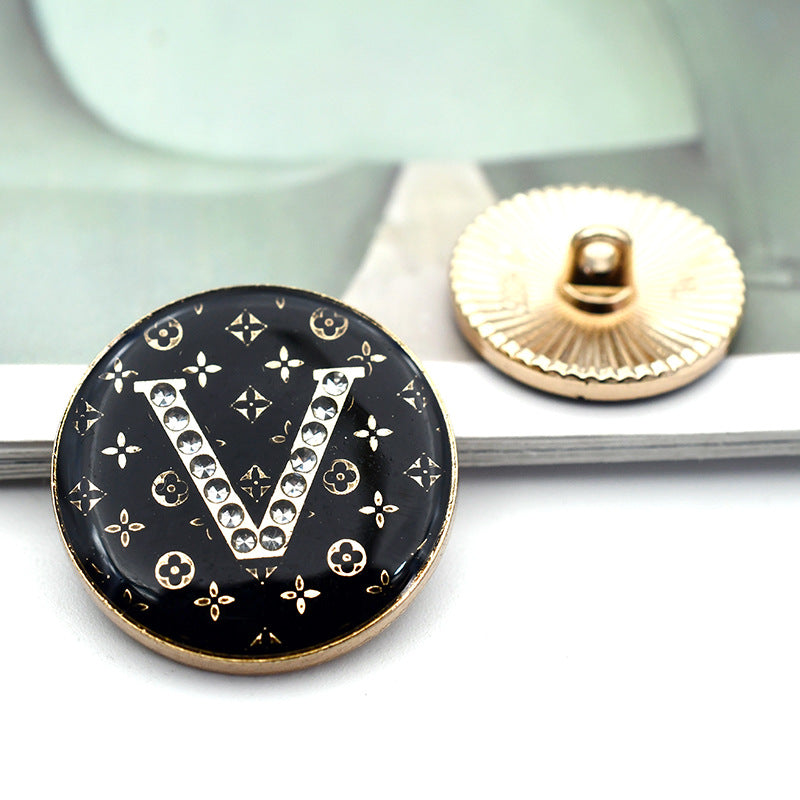 18/23mm Black Round BDMV Letter Rhinestone Metal Shank Buttons 12pcs