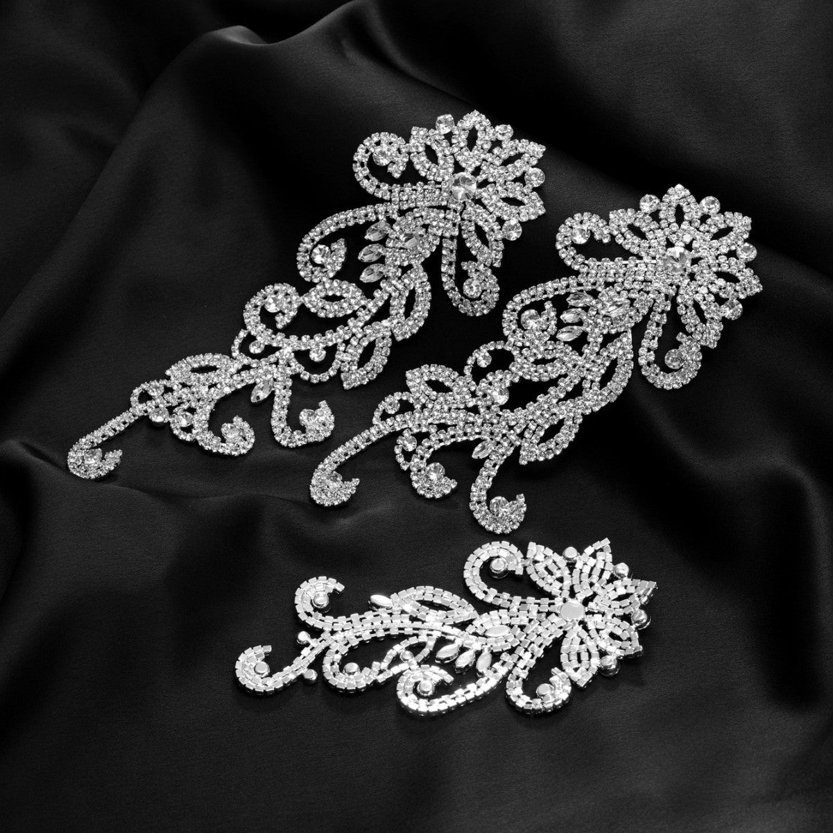 Silver Luxury Copper Rhinestone Chain Floral Lace Trim for Dresses