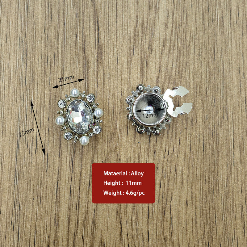 Baroque rhinestone snap-on button, clear oval stone with pearl accents, alloy backing