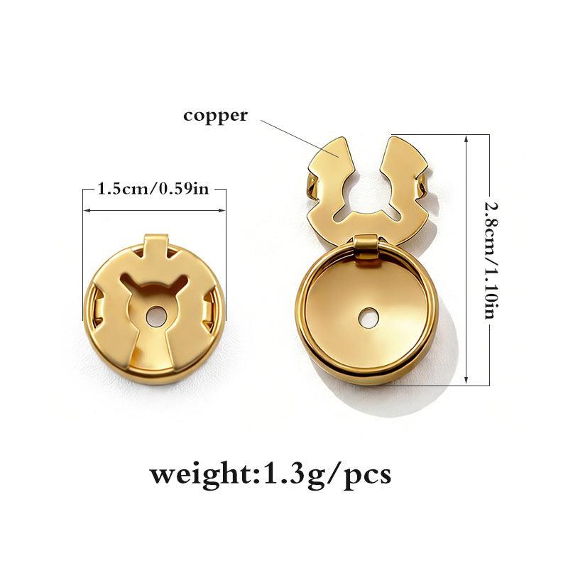 Snap-on cuff buttons on white cuff, gold-tone brass, round with small center fastener