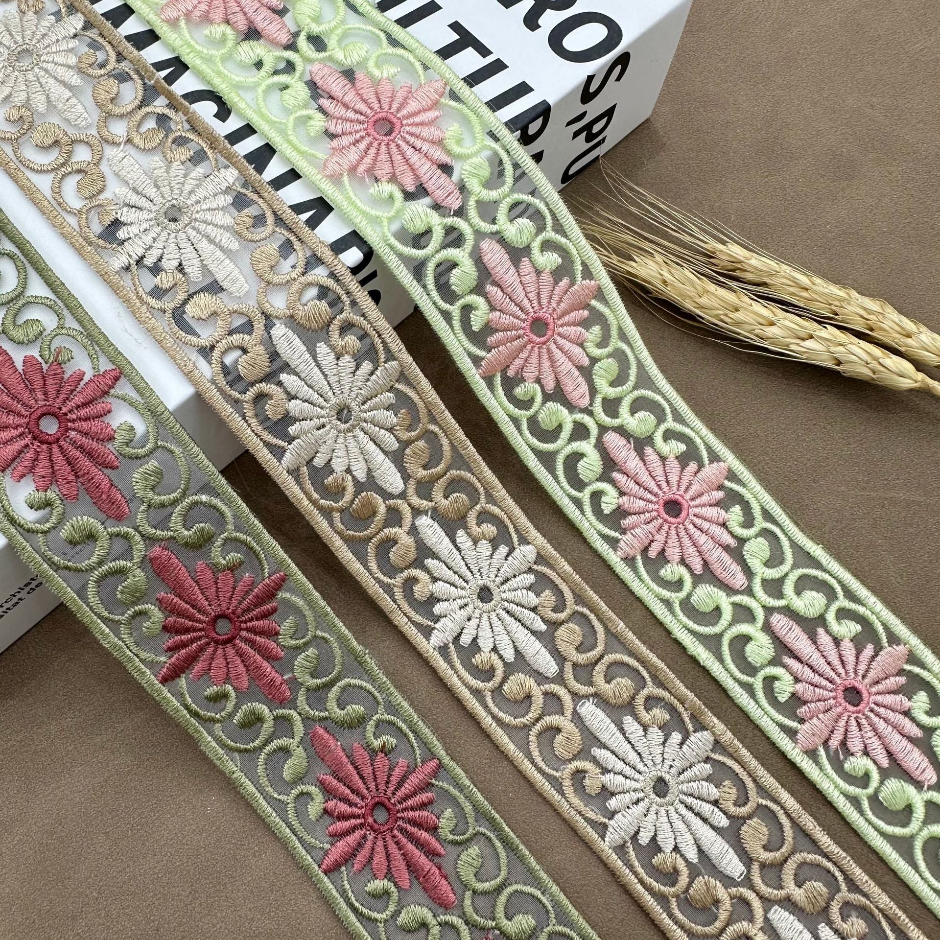 Organza lace trim set with diamond embroidery, cream gold, mint green and pink motifs