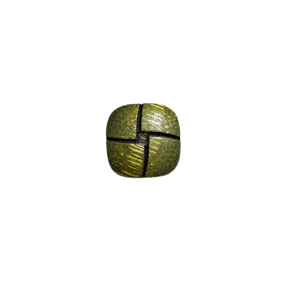 Green square shank button with stitched cross pattern, glossy woodgrain