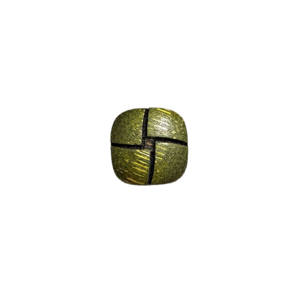 Green square shank button with stitched cross pattern, glossy woodgrain