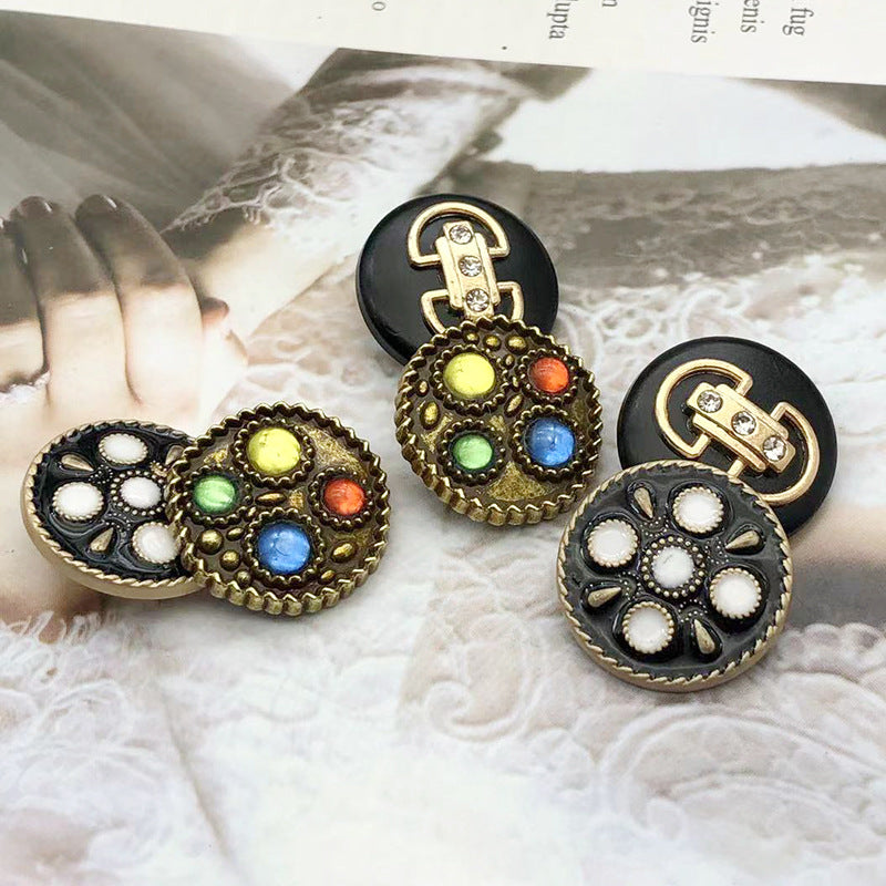 1 Inch Vintage Bronze Metal Shank Buttons Colored Beads 12pcs