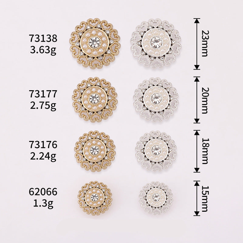 Assorted rhinestone and pearl lace metal shank buttons in gold and silver