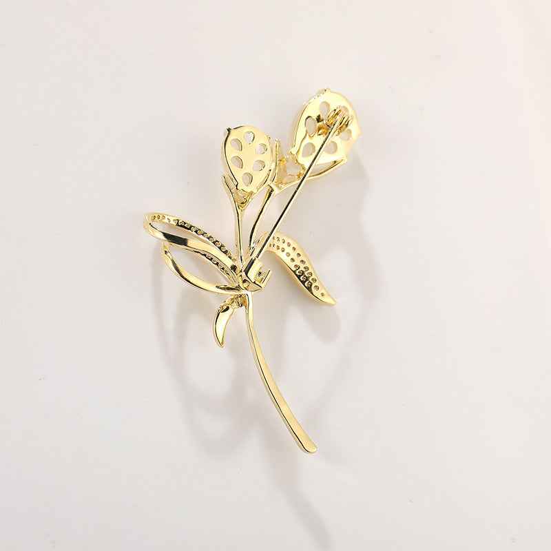 Copper Zircon Tulip Cat’s Eye Stone Brooch Pin