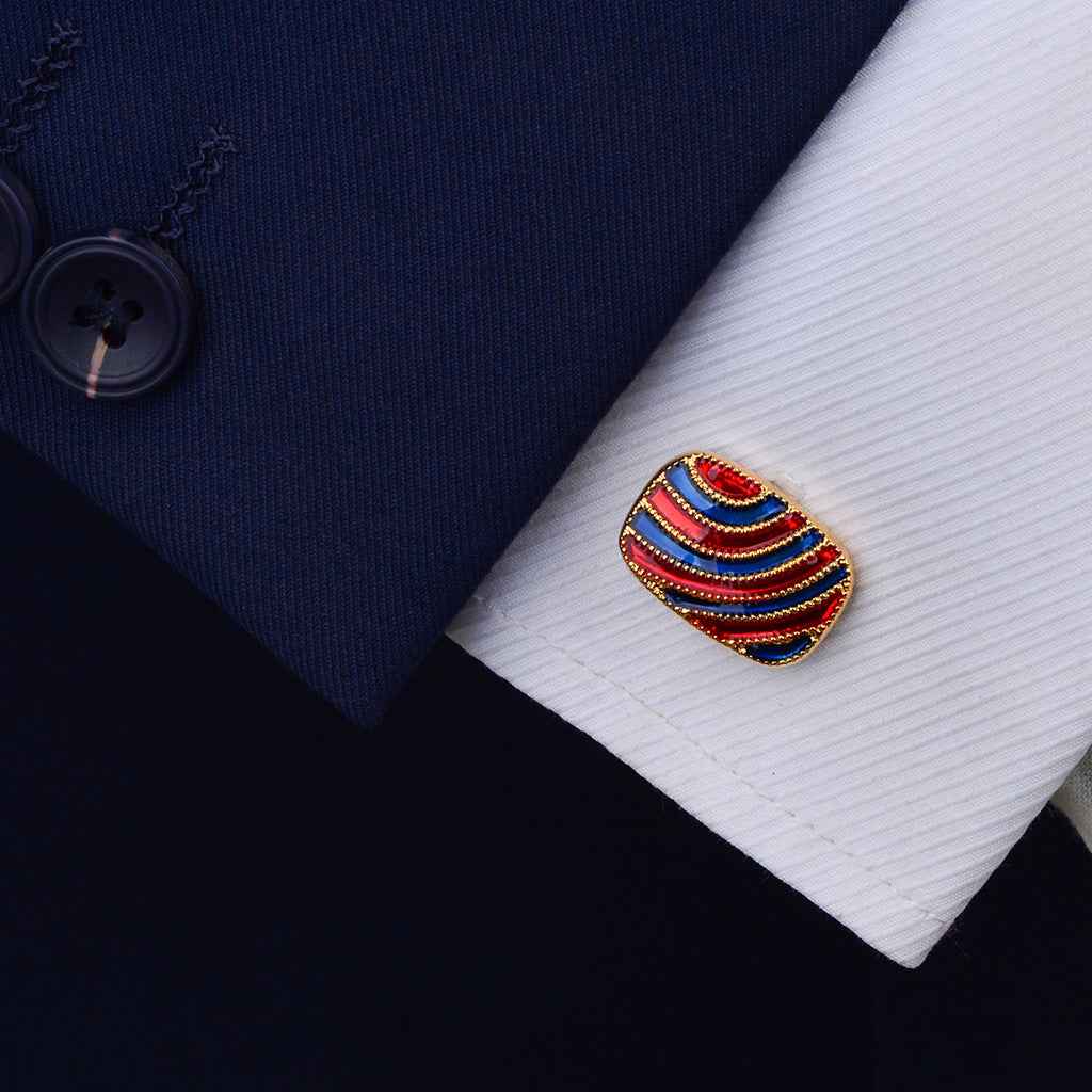Gold Oval Cuff Links with Red & Blue Drip Stripes for Artistic Men