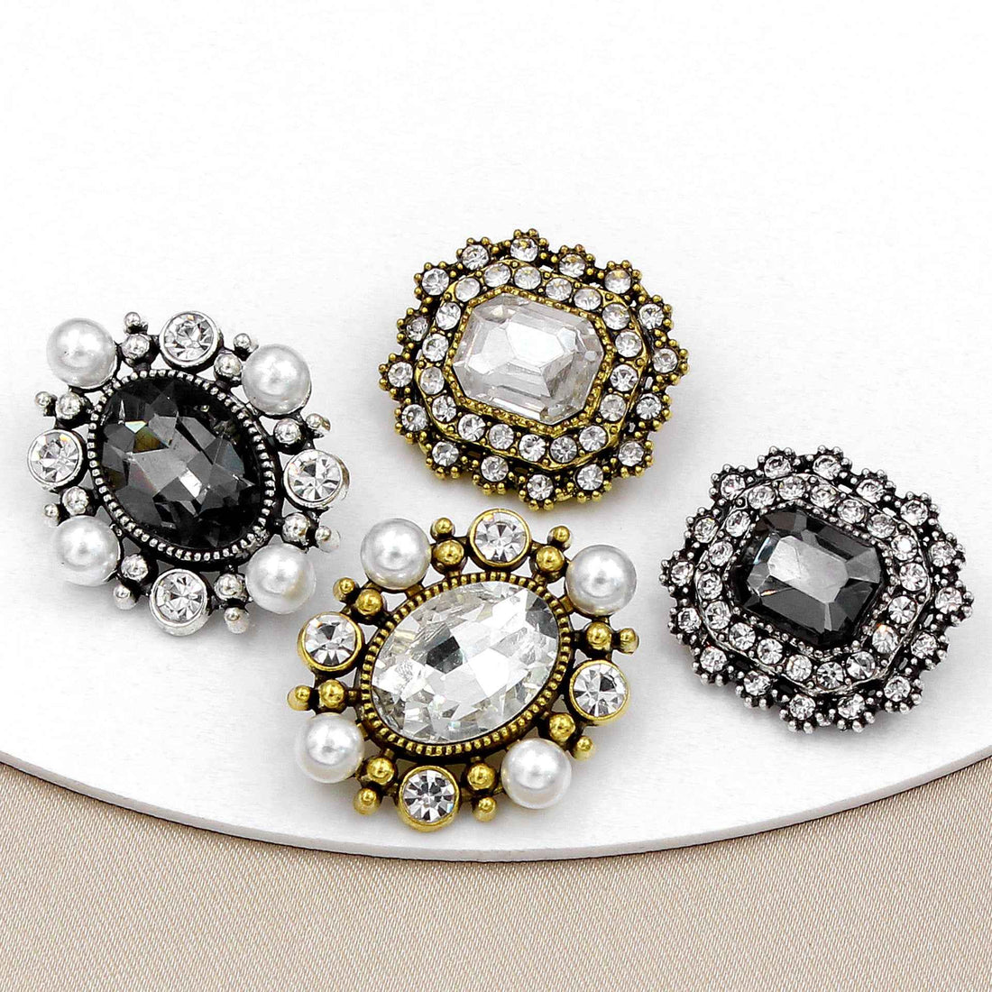 Vintage Glossy Glass Long Octagon Rhinestone Metal Buttons 20pcs