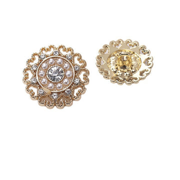 Gold lace-style metal button with pearl accents, rhinestone border, and shank