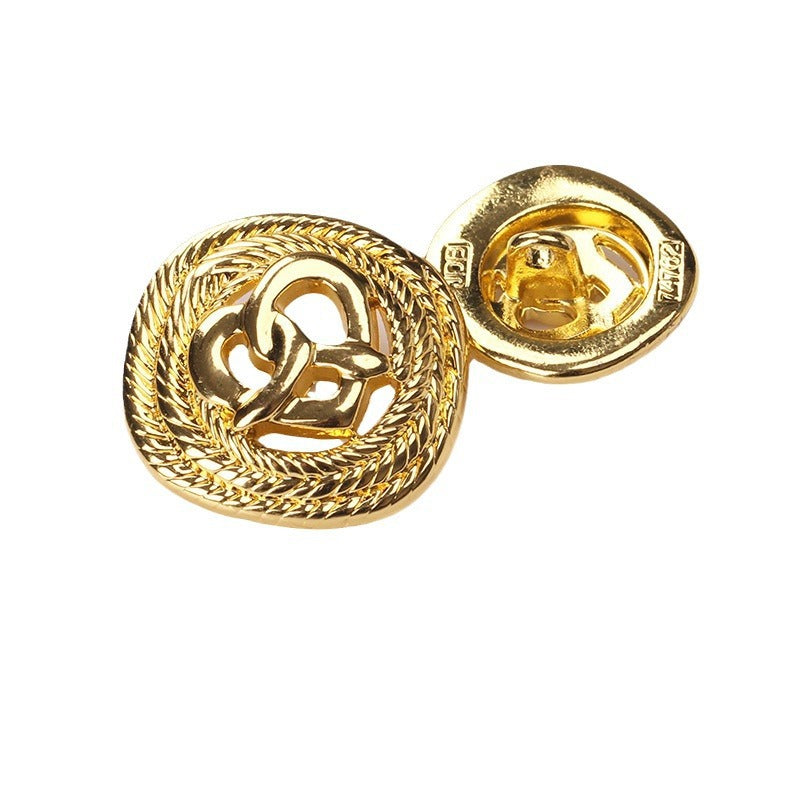 Gold rope-edge hollow heart metal shank button, front view