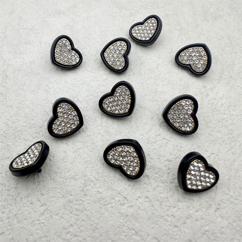 13MM Heart-Shaped Rhinestone Metal Black Trim Buttons 20pcs
