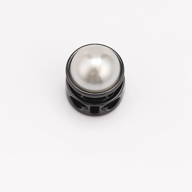 Silver two-hole cord lock with pearl dome top and spring cylinder metal drawstring fastener