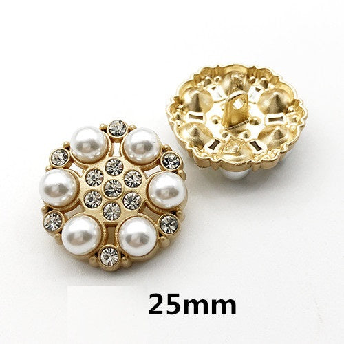Botões Redondos de Metal com Pérola e Strass de 25mm para Sweaters 12PCS