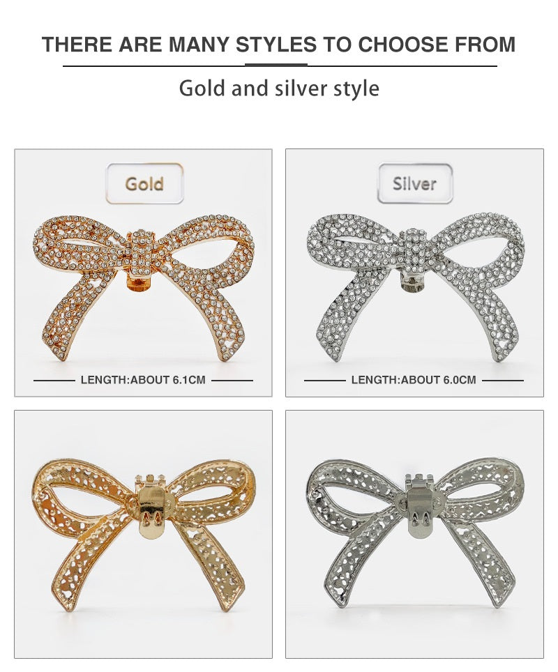 Rhinestone bow shoe clips set, gold and silver tones shown with snap clasps